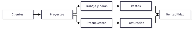 Clientes -> Proyectos -> Trabajo y horas + presupuestos -> Costes + Facturación -> Rentabilidad